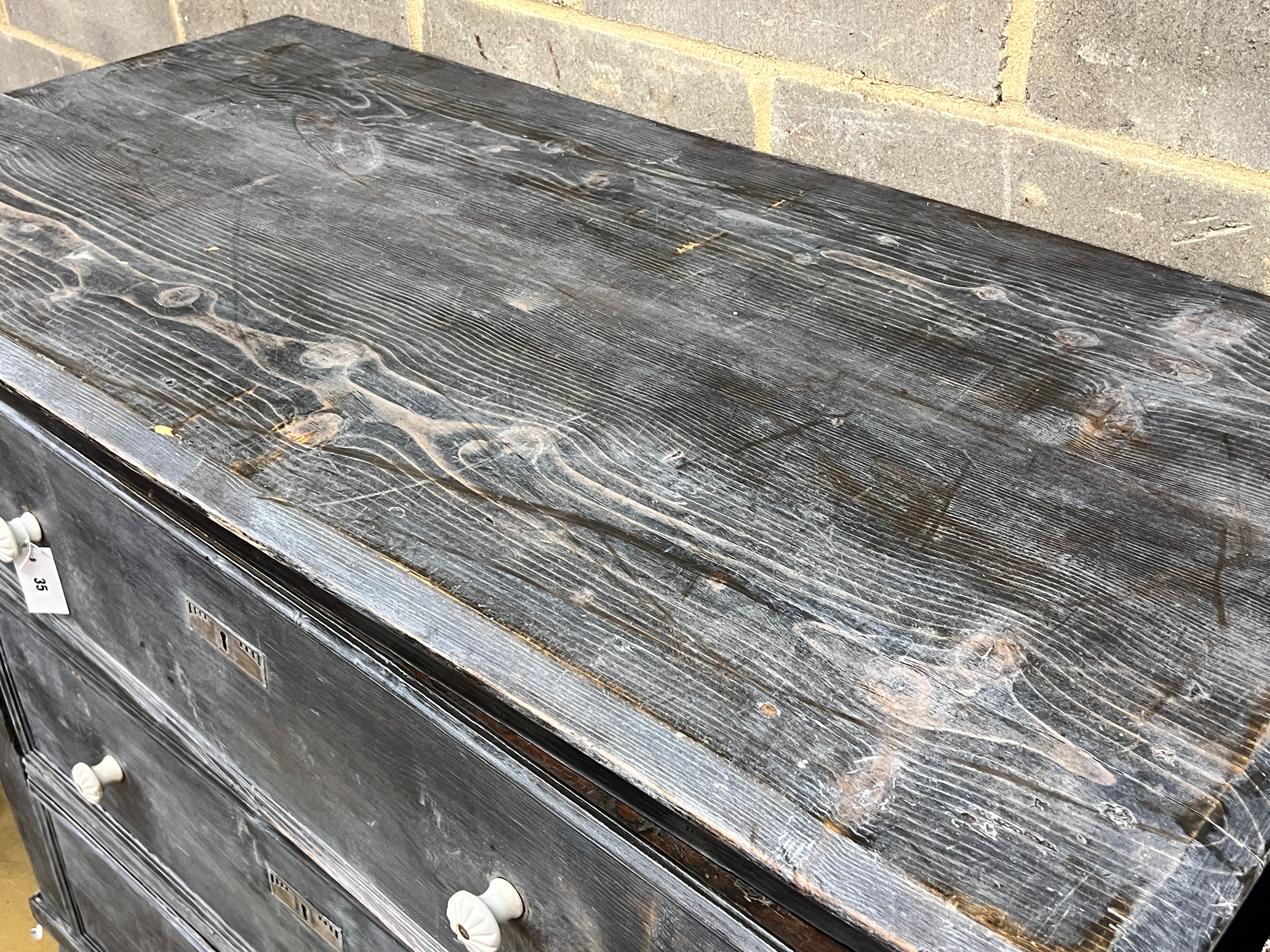 A 19th century East European painted pine three drawer chest, width 133cm, depth 62cm height 106cm
